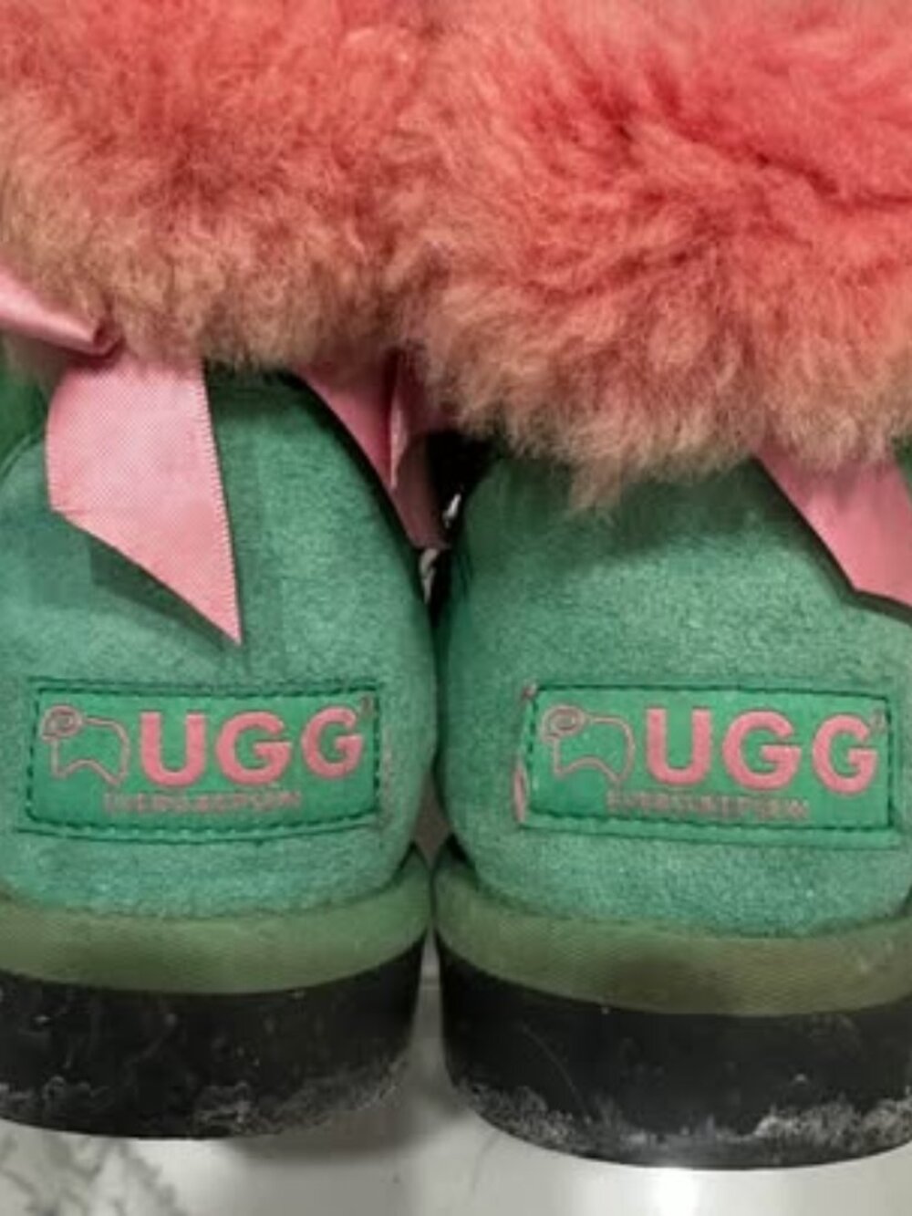 UGG Green Sheepskin Boots with Pink Fur - Size 5